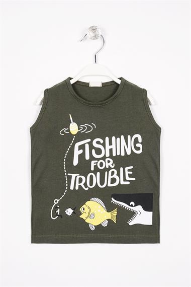 Fıshıng For Trouble Yazı Baskılı Haki Renk Erkek Çocuk Tshirt