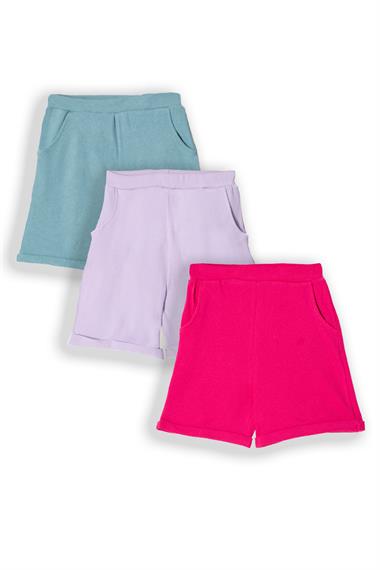 Fitilli Lila Fuşya Mint Renk 3lü Set Kız Çocuk Şort
