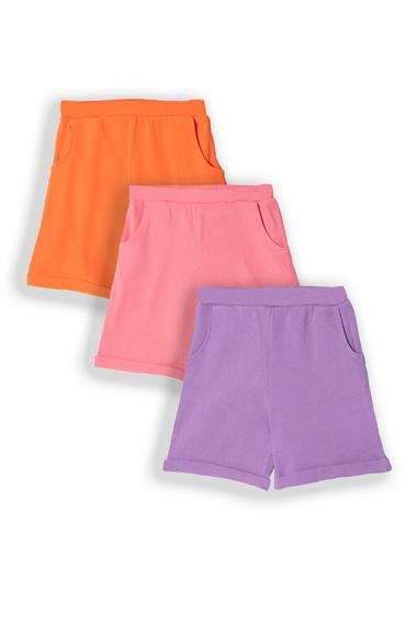 Fitilli Pembe Turuncu Koyu Lila Renk 3lü Set Kız Çocuk Şort