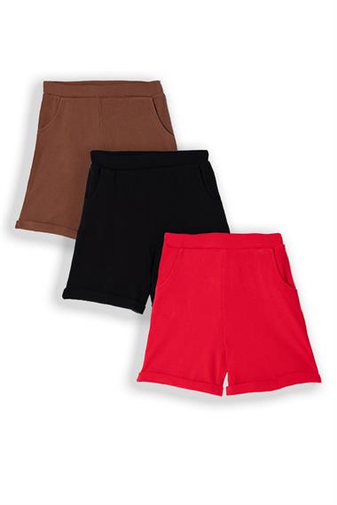 Fitilli Siyah Kırmızı Kahverengi Renk 3lü Set Kız Çocuk Şort