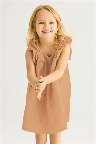Kare Yaka Kısa Kol Geniş Büzgülü Camel Renk Kız Çocuk Elbise