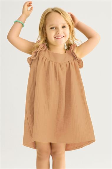 Kare Yaka Kısa Kol Geniş Büzgülü Camel Renk Kız Çocuk Elbise