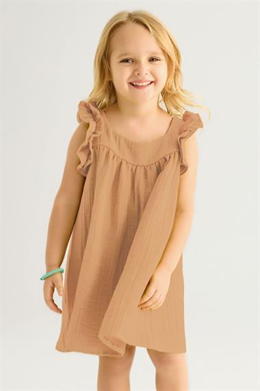 Kare Yaka Kısa Kol Geniş Büzgülü Camel Renk Kız Çocuk Elbise