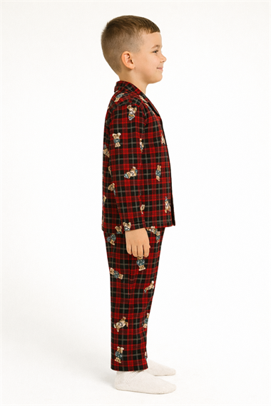 Gömlek Yaka Ayıcık Baskılı Bordo Renk Erkek Çocuk Pijama Takımı