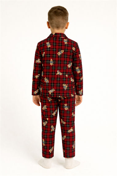 Gömlek Yaka Ayıcık Baskılı Bordo Renk Erkek Çocuk Pijama Takımı