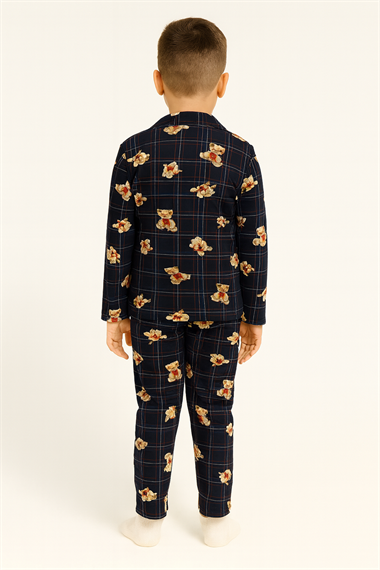 Gömlek Yaka Ayıcık Baskılı Lacivert Renk Erkek Çocuk Pijama Takımı