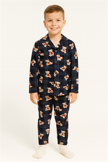 Gömlek Yaka Ayıcık Baskılı Lacivert Renk Erkek Çocuk Pijama Takımı