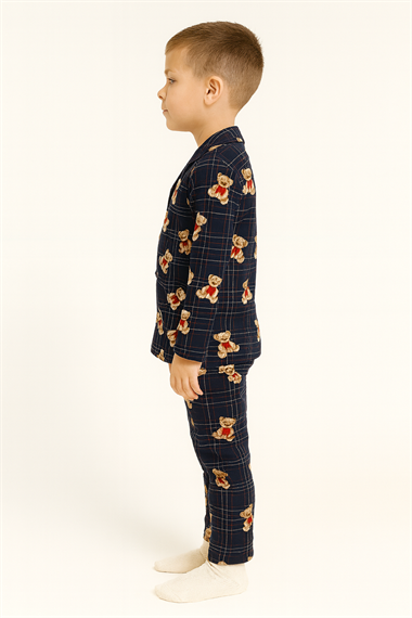 Gömlek Yaka Ayıcık Baskılı Lacivert Renk Erkek Çocuk Pijama Takımı
