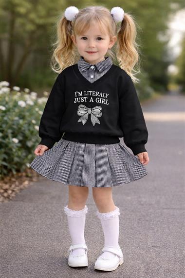Kız Çocuk Etekli Takım Gömlek Yakalı Sweatshirt Ekose Etekli Şık Günlük Okul Kombini