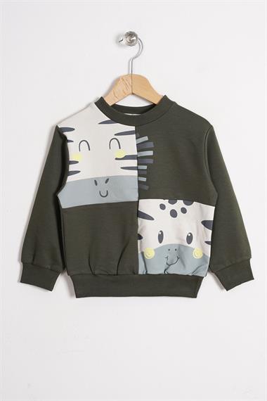 Hayvan Figürlü Haki Renk Erkek Çocuk Sweatshirt