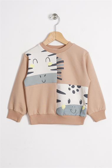 Hayvan Figürlü Vizon Renk Erkek Çocuk Sweatshirt