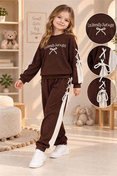 Kız Çocuk Kahverengi Eşofman Takımı Oysho Kumaş Kaliteli Sweatshirt Pantolon İpli Bağcıklı Spor Günlük Takım