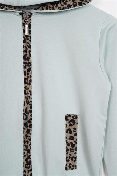 Kapüşonlu Leopar Şerit Detaylı Mint Renk Kız Çocuk Eşofman Takım