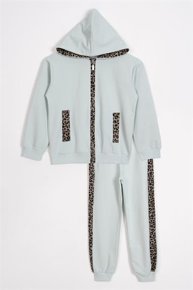 Kapüşonlu Leopar Şerit Detaylı Mint Renk Kız Çocuk Eşofman Takım