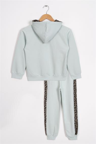 Kapüşonlu Leopar Şerit Detaylı Mint Renk Kız Çocuk Eşofman Takım