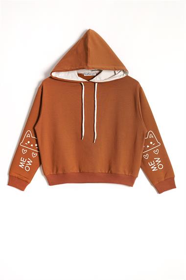 Kapüşonlu Uzun Kol Kahverengi Renk Kız Çocuk Sweatshirt