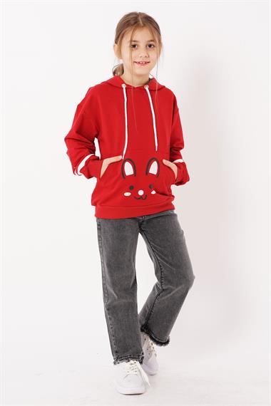 Kapüşonlu Uzun Kol Kırmızı Renk Kız Çocuk Sweatshirt
