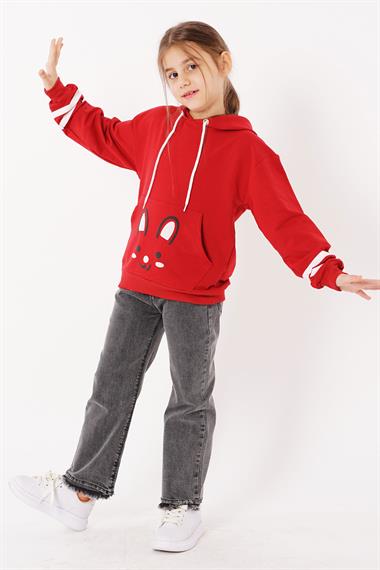 Kapüşonlu Uzun Kol Kırmızı Renk Kız Çocuk Sweatshirt