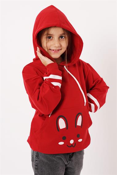 Kapüşonlu Uzun Kol Kırmızı Renk Kız Çocuk Sweatshirt