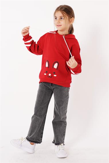Kapüşonlu Uzun Kol Kırmızı Renk Kız Çocuk Sweatshirt