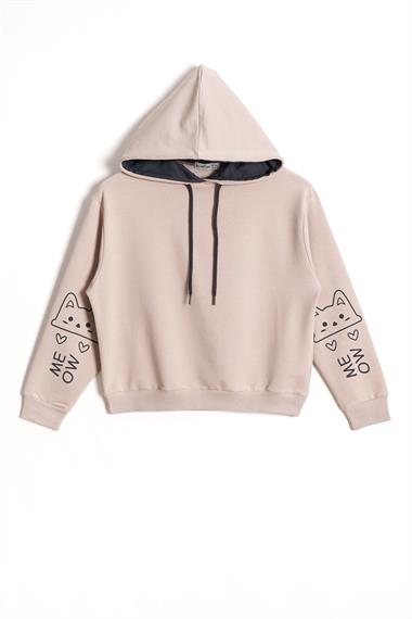 Kapüşonlu Uzun Kol Taş Renk Kız Çocuk Sweatshirt