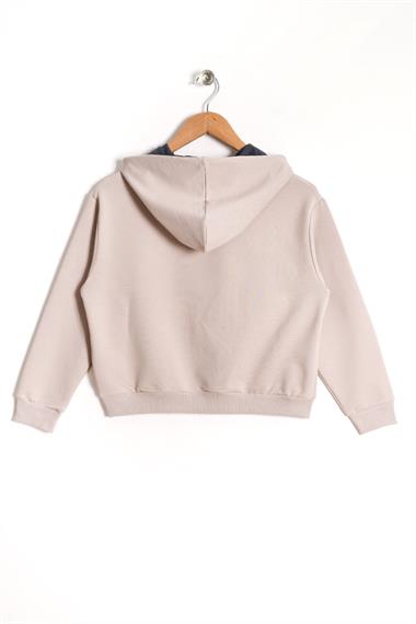 Kapüşonlu Uzun Kol Taş Renk Kız Çocuk Sweatshirt
