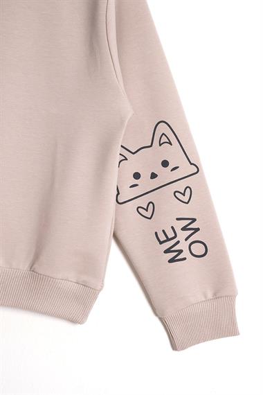 Kapüşonlu Uzun Kol Taş Renk Kız Çocuk Sweatshirt