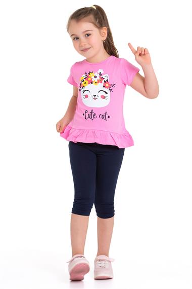 Bisiklet Yaka Kedi Baskılı Pembe Renk Kız Çocuk Taytlı Takım