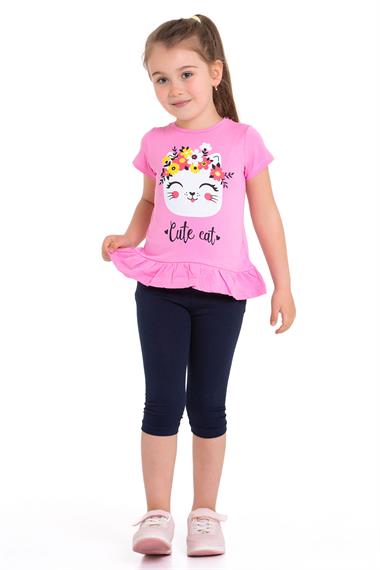 Bisiklet Yaka Kedi Baskılı Pembe Renk Kız Çocuk Taytlı Takım