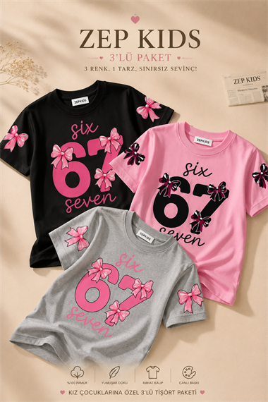 Kız Çocuk 67 Baskılı Pamuklu Likralı 3lü Paket Oversize Tişört
