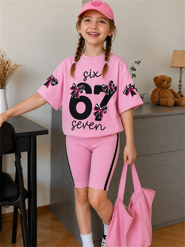 Kız Çocuk 67 Baskılı Pamuklu Likralı Pembe Renk Oversize Tişörtlü Kapri Takım