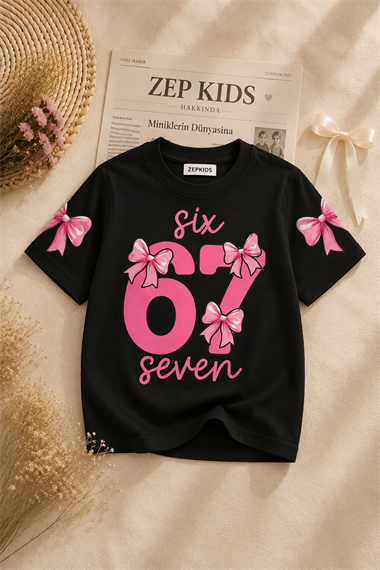 Kız Çocuk 67 Baskılı Pamuklu Likralı 3lü Paket Oversize Tişört