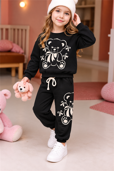 Kız Çocuk Eşofman Takımı Ayıcık Baskılı Sweatshirt Siyah Günlük Spor Takım