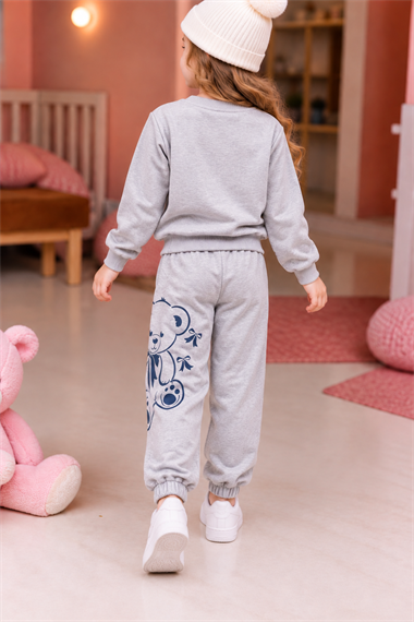 Kız Çocuk Eşofman Takımı Ayıcık Baskılı Sweatshirt Gri Günlük Spor Takım
