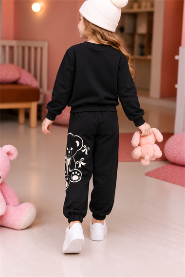 Kız Çocuk Eşofman Takımı Ayıcık Baskılı Sweatshirt Siyah Günlük Spor Takım