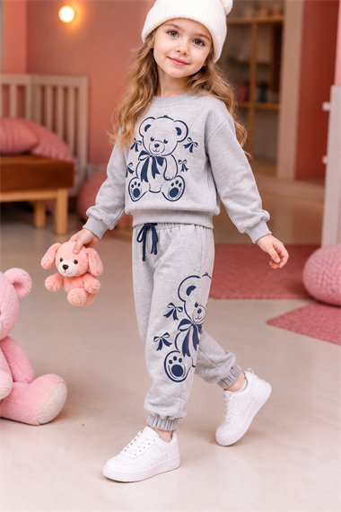 Kız Çocuk Eşofman Takımı Ayıcık Baskılı Sweatshirt Gri Günlük Spor Takım
