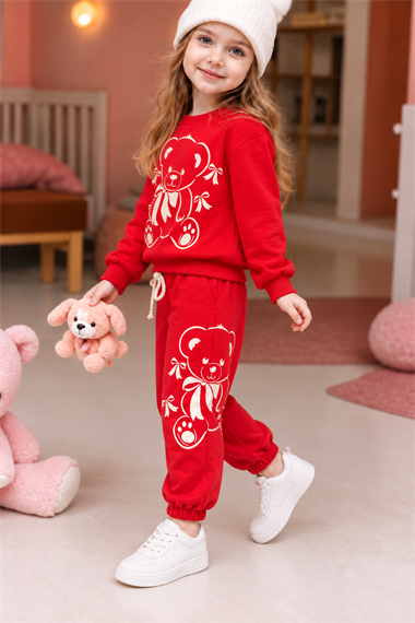 Kız Çocuk Eşofman Takımı Ayıcık Baskılı Sweatshirt Koyu Kırmızı Günlük Spor Takım