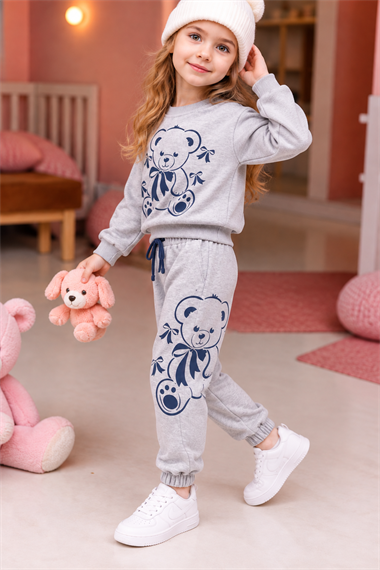 Kız Çocuk Eşofman Takımı Ayıcık Baskılı Sweatshirt Gri Günlük Spor Takım