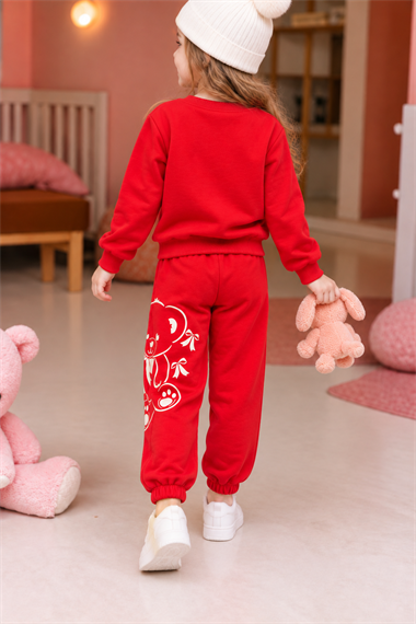 Kız Çocuk Eşofman Takımı Ayıcık Baskılı Sweatshirt Açık Kırmızı Günlük Spor Takım