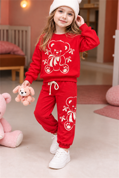 Kız Çocuk Eşofman Takımı Ayıcık Baskılı Sweatshirt Koyu Kırmızı Günlük Spor Takım