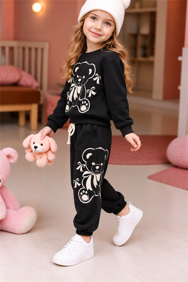 Kız Çocuk Eşofman Takımı Ayıcık Baskılı Sweatshirt Siyah Günlük Spor Takım