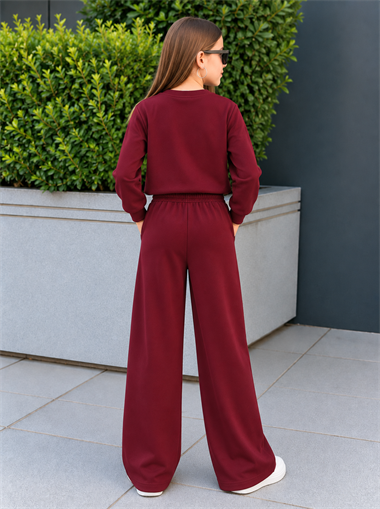 Kız Çocuk Eşofman Takımı Bordo Fiyonklu Sweatshirt ve Bol Paça Pantolon 2li Takım