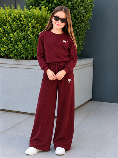 Kız Çocuk Eşofman Takımı Bordo Fiyonklu Sweatshirt ve Bol Paça Pantolon 2'li Takım