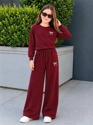 Kız Çocuk Eşofman Takımı Bordo Fiyonklu Sweatshirt ve Bol Paça Pantolon 2li Takım