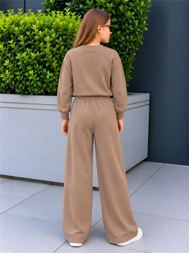 Kız Çocuk Eşofman Takımı Kahverengi Fiyonklu Sweatshirt ve Bol Paça Pantolon 2li Takım