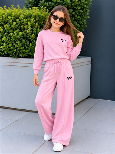 Kız Çocuk Eşofman Takımı Pembe Fiyonklu Sweatshirt ve Bol Paça Pantolon 2li Takım