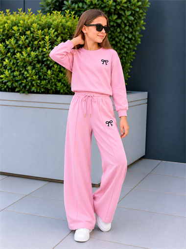 Kız Çocuk Eşofman Takımı Pembe Fiyonklu Sweatshirt ve Bol Paça Pantolon 2li Takım