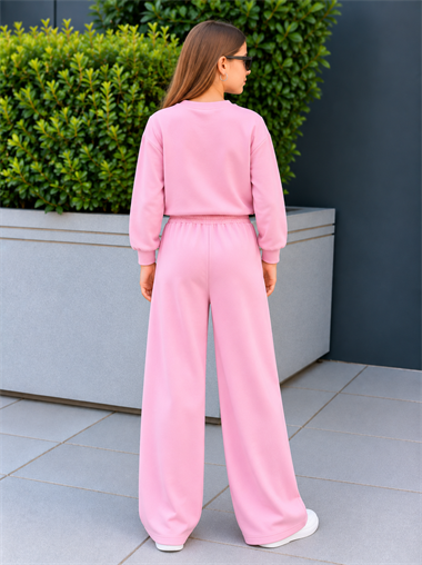 Kız Çocuk Eşofman Takımı Pembe Fiyonklu Sweatshirt ve Bol Paça Pantolon 2'li Takım