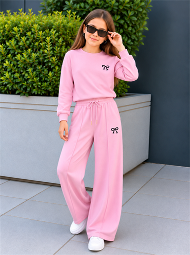 Kız Çocuk Eşofman Takımı Pembe Fiyonklu Sweatshirt ve Bol Paça Pantolon 2li Takım