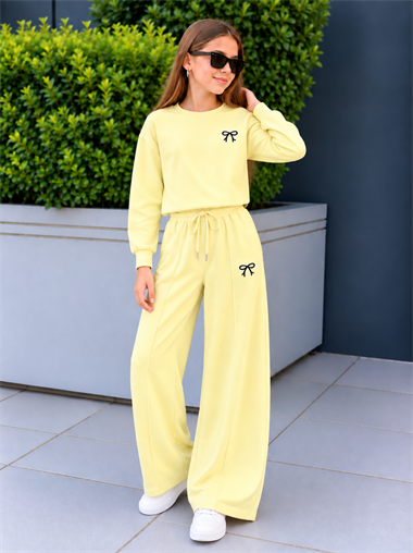Kız Çocuk Eşofman Takımı Sarı Fiyonklu Sweatshirt ve Bol Paça Pantolon 2li Takım